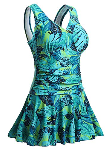 Summer Mae Damen Badekleid Plus Size Geblümt Figurformender Einteiler Badeanzug Swimsuit Grün Blätter (EU Size 46-48)-XL von Summer Mae