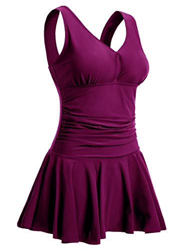 Summer Mae Damen Badekleid Plus Size Geblümt Figurformender Einteiler Badeanzug Swimsuit Lila Rot (EU Size 52-54)-4XL von Summer Mae
