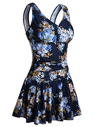 Summer Mae Damen Badekleid Plus Size Geblümt Figurformender Einteiler Badeanzug Swimsuit Marine Blume (EU Size 40-42)-M von Summer Mae