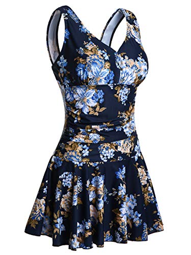 Summer Mae Damen Badekleid Plus Size Geblümt Figurformender Einteiler Badeanzug Swimsuit Marine Blume (EU Size 42-44)-L von Summer Mae