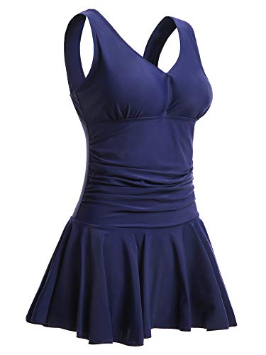 Summer Mae Damen Badekleid Plus Size Geblümt Figurformender Einteiler Badeanzug Swimsuit Marineblau 42-44-L von Summer Mae