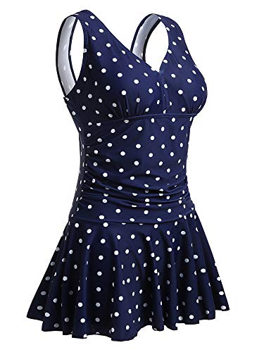 Summer Mae Damen Badekleid Plus Size Geblümt Figurformender Einteiler Badeanzug Swimsuit Navy Weiß Punkte (EU Size 40-42) von Summer Mae