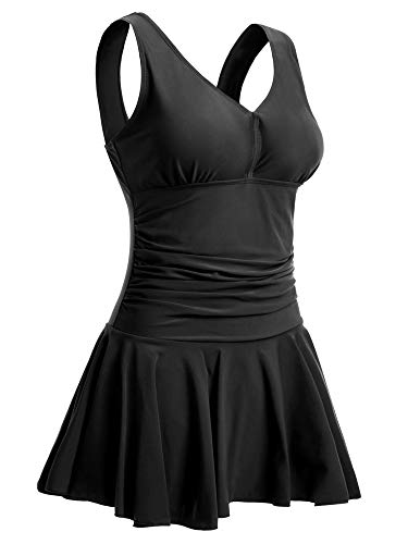 Summer Mae Damen Badekleid Plus Size Geblümt Figurformender Einteiler Badeanzug Swimsuit Schwarz (EU Size 40-42)-M von Summer Mae