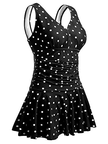 Summer Mae Damen Badekleid Plus Size Geblümt Figurformender Einteiler Badeanzug Swimsuit Schwarz Weiß Punkte (EU Size 42-44) von Summer Mae