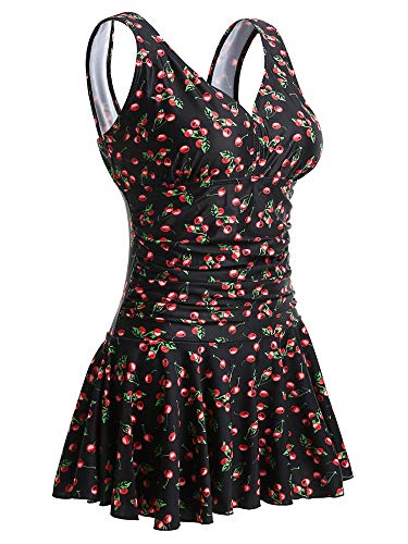 Summer Mae Damen Badekleid Plus Size Geblümt Figurformender Einteiler Badeanzug Swimsuit Schwarz mit Kirsche (EU Size 42-44)-L von Summer Mae