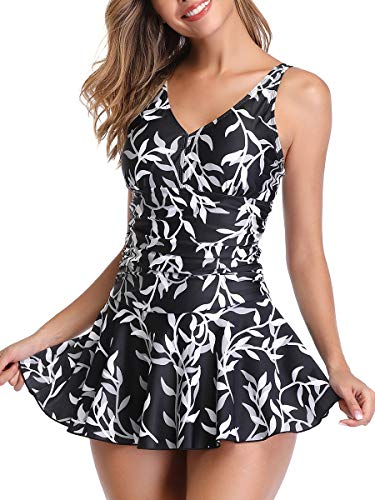 Summer Mae Damen Badekleid Plus Size Geblümt Figurformender Einteiler Badeanzug Swimsuit mit Verstellbarer Schultergurten, EU 52-54 / XXXX-Large, Schwarz Blätter-4XL von Summer Mae