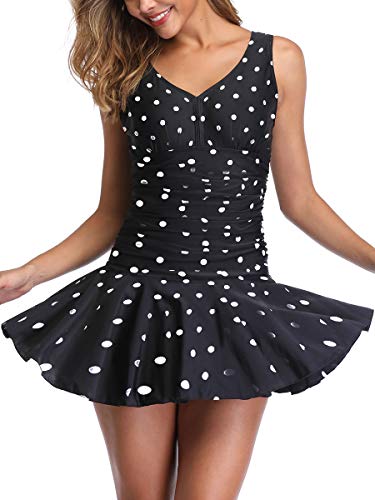 Summer Mae Damen Badekleid Plus Size Geblümt Figurformender Einteiler Badeanzug Swimsuit mit Verstellbarer Schultergurten Schwarz Punkte (EU Size 40-42)-M von Summer Mae