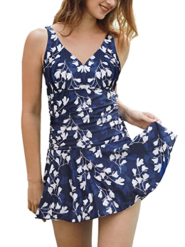 Summer Mae Damen Badekleid Plus Size Geblümt Figurformender Einteiler Badeanzug Swimsuit mit Verstellbarer Schultergurten Schwarz Weiß Blumen (EU Size 42-44) von Summer Mae