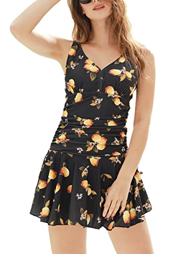 Summer Mae Damen Badekleid Plus Size Geblümt Figurformender Einteiler Badeanzug Swimsuit mit Verstellbarer Schultergurten Schwarz Zitrone (EU Size 46-48) von Summer Mae