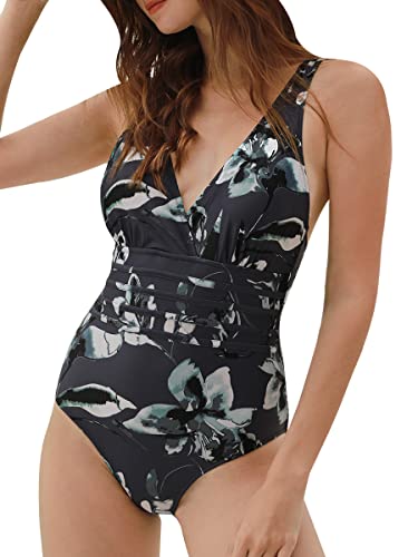 Summer Mae Damen Bauchweg Badeanzug Einteilig Figurformend Schlankheits Bademode Dunkelblau Blumen XL von Summer Mae