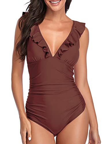 Summer Mae Damen Bauchweg Badeanzug mit Rüschen V-Ausschnitt Monokini Volants Bademode Rotbraun M von Summer Mae