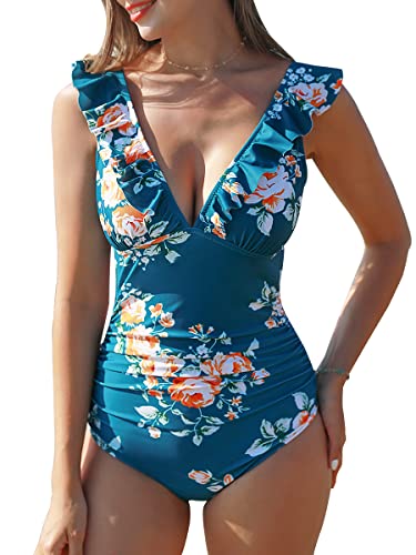 Summer Mae Damen Bauchweg Badeanzug mit Rüschen V-Ausschnitt Monokini Volants Bademode Blau Blumen S von Summer Mae