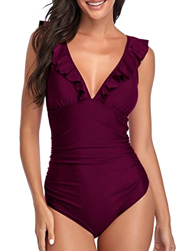 Summer Mae Damen Bauchweg Badeanzug mit Rüschen V-Ausschnitt Monokini Volants Bademode Dunkellila M von Summer Mae