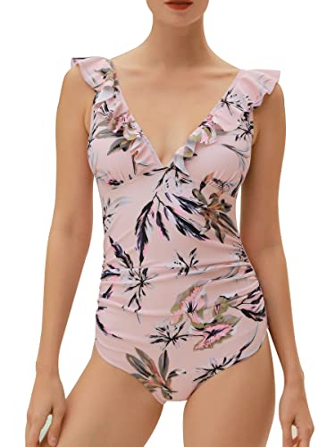 Summer Mae Damen Bauchweg Badeanzug mit Rüschen V-Ausschnitt Monokini Volants Bademode Rosa Blumen L von Summer Mae