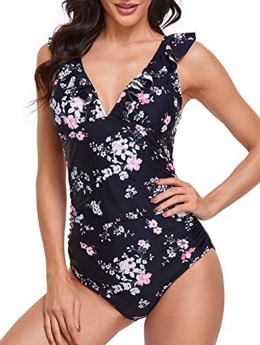 Summer Mae Damen Bauchweg Badeanzug mit Rüschen V-Ausschnitt Monokini Volants Bademode Schwarz Rosa Blümchen L von Summer Mae