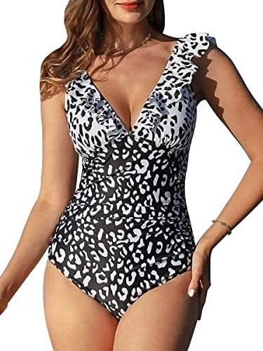 Summer Mae Damen Bauchweg Badeanzug mit Rüschen V-Ausschnitt Monokini Volants Bademode Schwarz-weiß Leopard M von Summer Mae