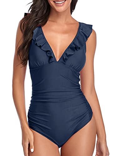 Summer Mae Damen Bauchweg Badeanzug mit Rüschen V-Ausschnitt Monokini Volants Bademode Tiefblau M von Summer Mae