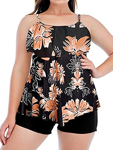 Summer Mae Damen Tankini Große Größen Volants Badeanzug mit Badeshorts Plus Size Bademode Blumen XL von Summer Mae