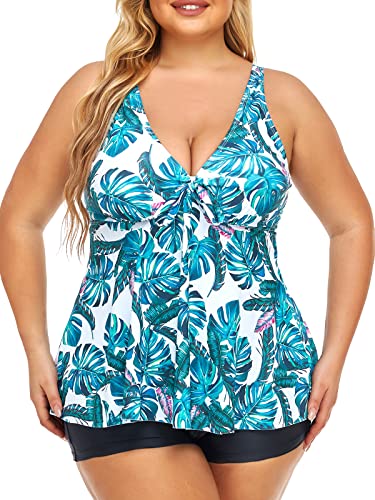 Summer Mae Damen Tankini Große Größen Zweiteiliger Badeanzug V-Ausschnitt Plus Size Bademode mit Shorts Kokospalme 44 von Summer Mae