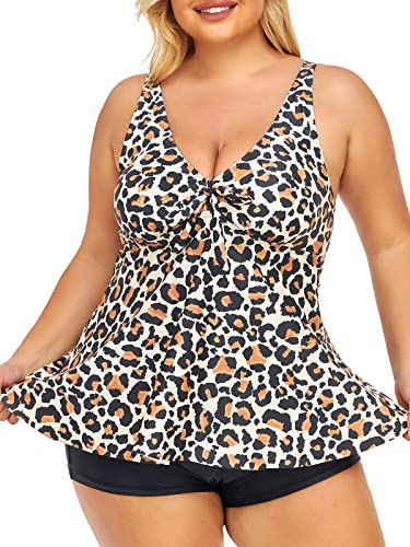 Summer Mae Damen Tankini Große Größen Zweiteiliger Badeanzug V-Ausschnitt Plus Size Bademode mit Shorts Leopardendruck 44 von Summer Mae