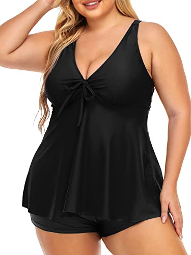 Summer Mae Damen Tankini Große Größen Zweiteiliger Badeanzug V-Ausschnitt Plus Size Bademode mit Shorts Schwarz 44 von Summer Mae