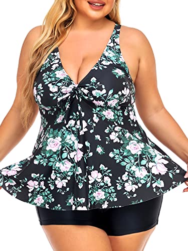 Summer Mae Damen Tankini Große Größen Zweiteiliger Badeanzug V-Ausschnitt Plus Size Bademode mit Shorts Schwarz Rose 46 von Summer Mae