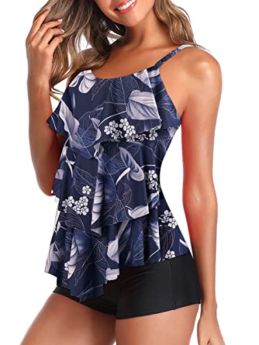 Summer Mae Damen Tankini Volants Badeanzug mit Badeshorts Zwei Teilig Bademode Blau Weiß Blätter 2XL von Summer Mae