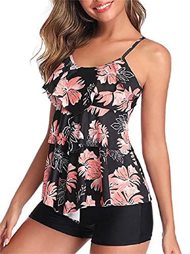 Summer Mae Damen Tankini Volants Badeanzug mit Badeshorts Zwei Teilig Bademode Blumen XL von Summer Mae