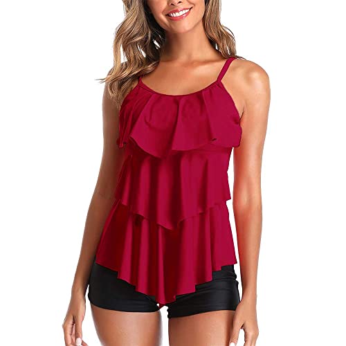 Summer Mae Damen Tankini Volants Badeanzug mit Badeshorts Zwei Teilig Bademode Weinrot L von Summer Mae