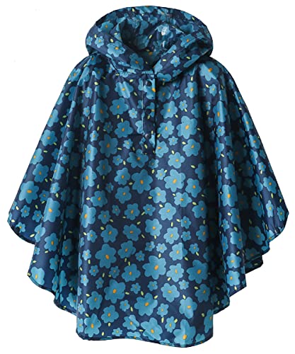 Kinder Regen Poncho Wiederverwendbar Jungen/Mädchen Leichte Wasserdicht Regenmantel Blau Blumen M （Fit 100cm-120cm） von SaphiRose PONCHO