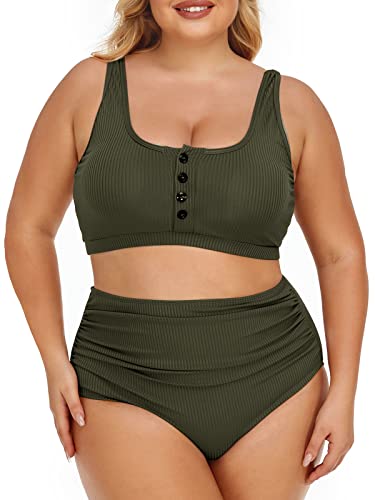 Summer Mae Plus Size Frauen Gerippte Bikini Set Zweiteilige Hohe Taille Badeanzug Scoop Top Bauchkontrolle Badeanzug Bademode, Oliv/Blatt für mich (Leaf It to Me), 16 Plus von Summer Mae