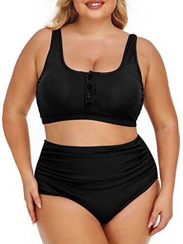 Summer Mae Plus Size Frauen Gerippte Bikini Set Zweiteilige Hohe Taille Badeanzug Scoop Top Bauchkontrolle Badeanzug Bademode, Schwarz, 18 Plus von Summer Mae