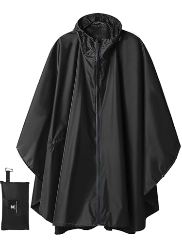 Regen Poncho Jacke Mantel für Erwachsene mit Kapuze wasserdicht mit Reißverschluss im Freien, Schwarz von SaphiRose