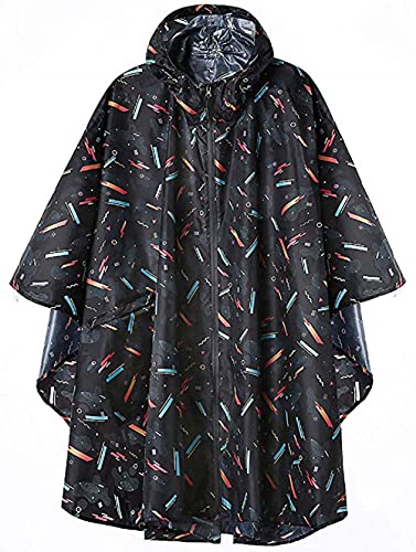 Regen Poncho Jacke Mantel für Erwachsene mit Kapuze wasserdicht mit Reißverschluss im Freien, Schwarz Geometrie von SaphiRose PONCHO