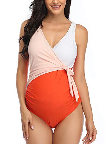 Summer Mae Schwangerschafts Badeanzug Umstandsbademode V-Ausschnitt High Cut Schwanger Badezug Orange L von Summer Mae