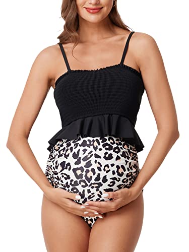 Summer Mae Schwangerschafts-Badeanzug mit hoher Taille, Rüschensaum, Badeanzug, gerafft, Bandeau, zweiteilig, Schwangerschafts-Bademode, Leopard, Large von Summer Mae