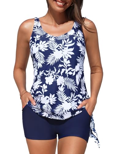 Summer Mae Tankini-Badeanzug für Damen, seitliches Binden, zweiteilig, Bauchkontrolle, Tanktop mit Taschen, Shorts, Blaue tropische Pflanzen, 44 Summer Mae Tankini-Badeanzug für Damen, seitliches Binden, zweiteilig, Bauchkontrolle, Tanktop mit Taschen, Shorts, Blaue tropische Pflanzen, 44 von Summer Mae