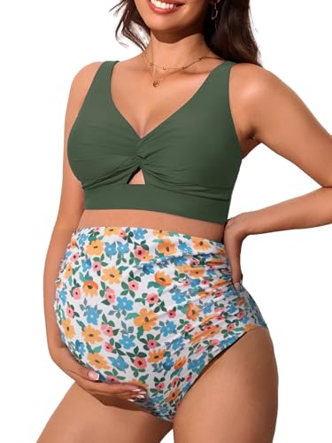 Summer Mae Twist-Umstands-Bikini, zweiteilig, Schwangerschafts-Badeanzug, ausgeschnittener Badeanzug, hohe Taille, gerüschte Bademode, Grünes Blumenmuster, 40 Summer Mae Twist-Umstands-Bikini, zweiteilig, Schwangerschafts-Badeanzug, ausgeschnittener Badeanzug, hohe Taille, gerüschte Bademode, Grünes Blumenmuster, 40 von Summer Mae