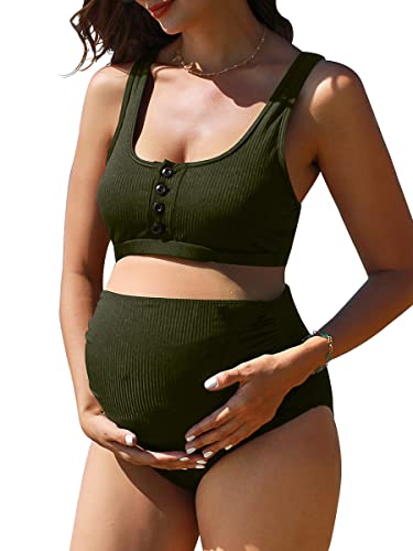 Summer Mae Umstands-Badeanzug, gerippt, hohe Taille, bauchfreies Oberteil, Bikini, Badeanzug, hoch geschnitten, zweiteilig, Schwangerschaft, armee-grün, Medium von Summer Mae