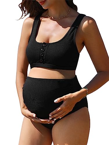 Summer Mae Umstands-Badeanzug, gerippt, hohe Taille, bauchfreies Oberteil, Bikini, Badeanzug, hoch geschnitten, zweiteilig, Schwangerschaft, schwarz, Large von Summer Mae