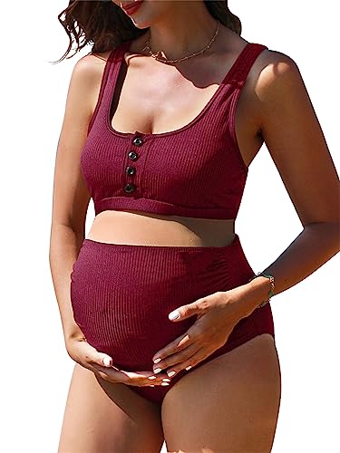 Summer Mae Umstands-Badeanzug, gerippt, hohe Taille, bauchfreies Oberteil, Bikini, Badeanzug, hoch geschnitten, zweiteilig, Schwangerschaft, weinrot, X-Large von Summer Mae