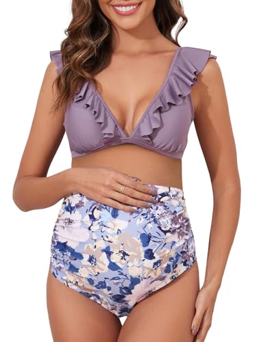 Summer Mae Umstands-Badeanzug mit hoher Taille, zweiteiliger Rüschen-Bikini, Badeanzug, Blumenmuster, V-Ausschnitt, Schwangerschafts-Bademode, Violette Blüte, Large von Summer Mae