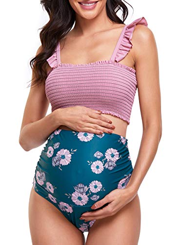 Summer Mae Umstands-Bikini, hohe Taille, zweiteilig, gerüschter Saum, niedlicher Blumen-Badeanzug, Rose, Large Summer Mae Umstands-Bikini, hohe Taille, zweiteilig, gerüschter Saum, niedlicher Blumen-Badeanzug, Rose, Large von Summer Mae