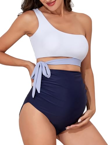 Summer Mae Zweiteiliger Umstands-Bikini, Einschulter-Badeanzug, hohe Taille, Schwangerschafts-Bademode, Blau Schwarz, Medium von Summer Mae