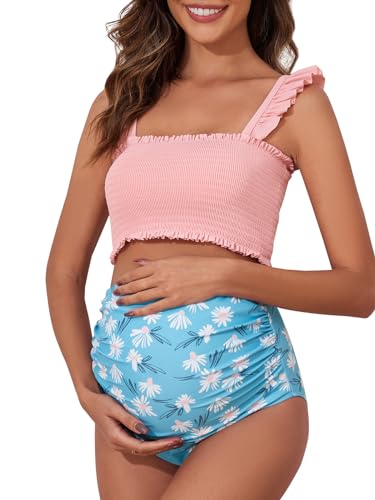 Umstands-Bikini-Badeanzug mit hoher Taille, zweiteilig, gerüschter Saum, niedlicher Blumen-Badeanzug, Pink, XX-Large von Summer Mae