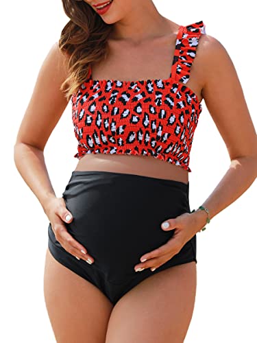 Umstands-Bikini-Badeanzug mit hoher Taille, zweiteilig, gerüschter Saum, niedlicher Blumen-Badeanzug, rotes leopardenmuster, Medium von Summer Mae