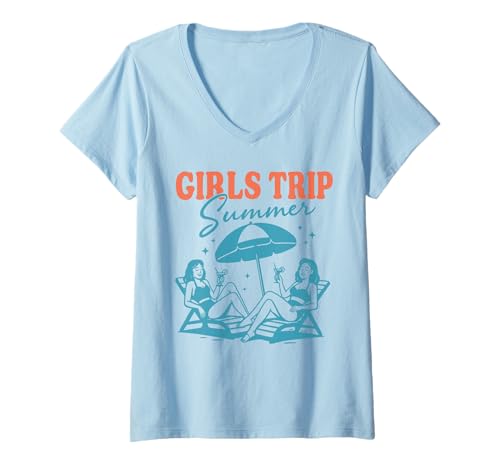 Damen Strandoutfit „Girls Trip“, Sommerausgabe, Damen T-Shirt mit V-Ausschnitt von Summer Matching Shirts for Girls Trip Crew