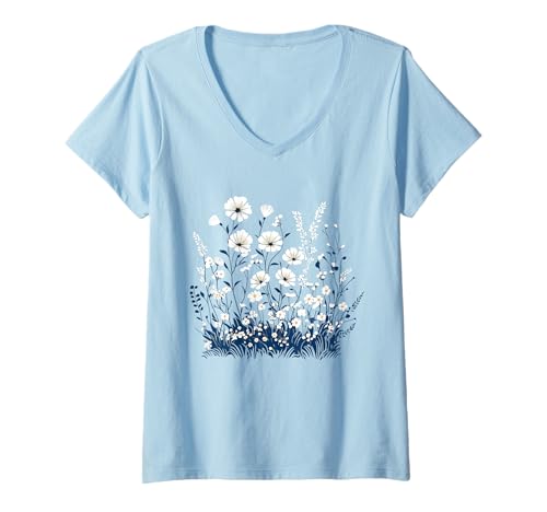 Damen Wildblumen T-Shirt mit V-Ausschnitt von Summer Meadows