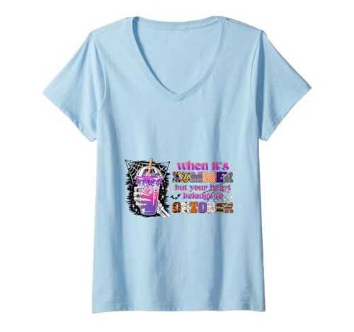 Damen Sommer Oktober Herz Shirt When It's Summer But Heart Fall T-Shirt mit V-Ausschnitt von Summer October Heart Tee Shirts for Halloween