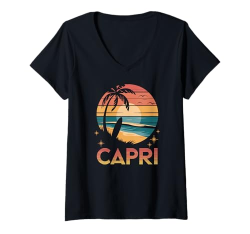 Damen Retro Capri Beach, Fun Tropical Paradise Sunset T-Shirt mit V-Ausschnitt Damen Retro Capri Beach, Fun Tropical Paradise Sunset T-Shirt mit V-Ausschnitt von Summer Palm Tree and Surf Designs